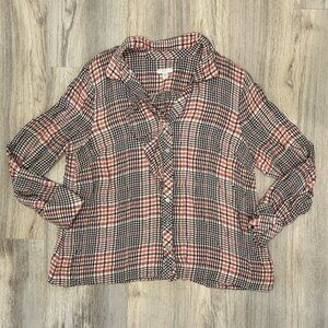 J Jill Plaid Pearl Button Up Shirt Long Sleeve Ruffle Tunic Top Size Petite L